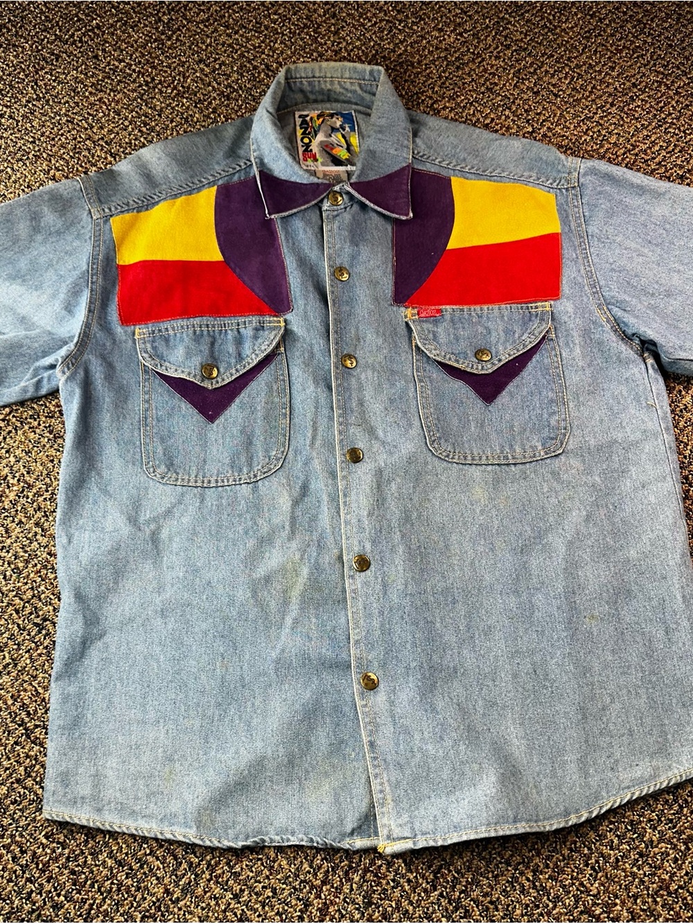 Vintage Denim Button-Up Shirt with Red, Yellow & Purple Accents